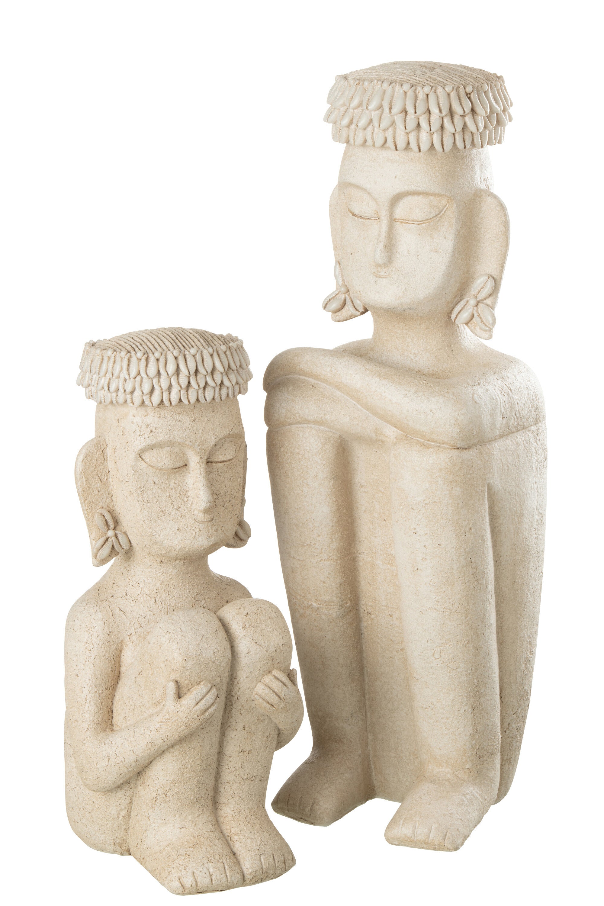 Set of 2 Ethnic Seated Statues - Beige Stone Resin Sculptures