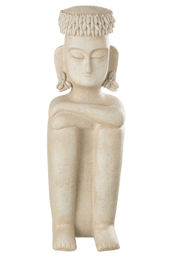 2er Set Ensemble ethnischen Sitzstatuen - Beigefarbene Steinharz-Skulpturen in Groß