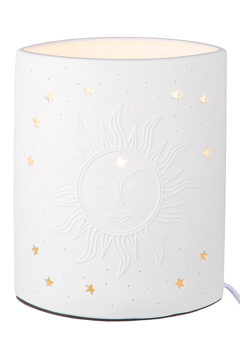 Tischleuchte "Harmonie" – Weißes Porzellan mit Sonnenmotiv