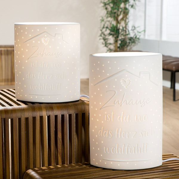 Table lamp "Home" – white porcelain with heartfelt saying