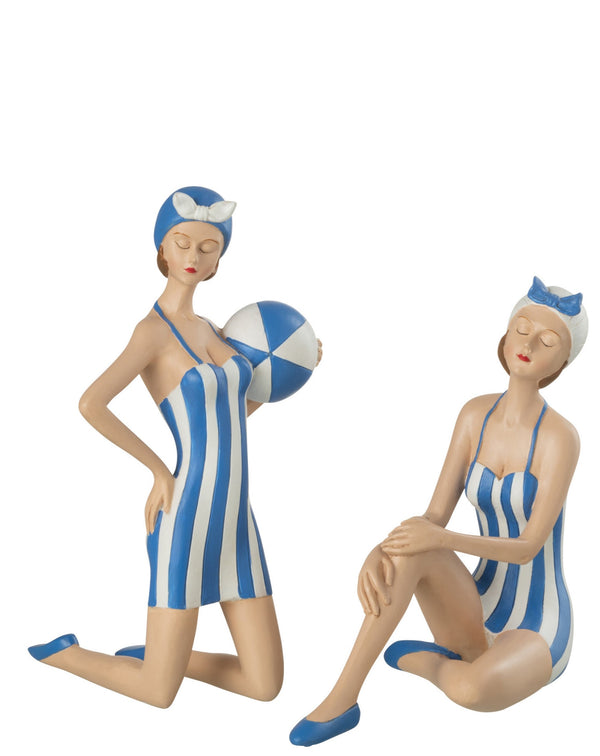 2er Set Frau im Badeanzug und Bademütze, Blau/Weiß - Handgefertigte Polyresin Figuren für Innenräume