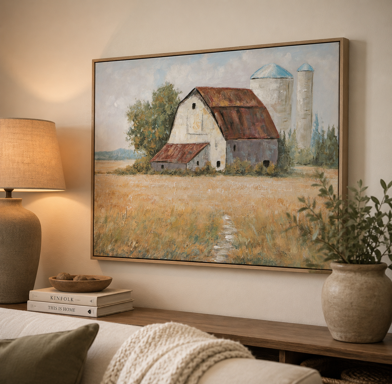 Leinwandbild Landhausblick mit Rahmen 80 x 60 cm Handgemalt