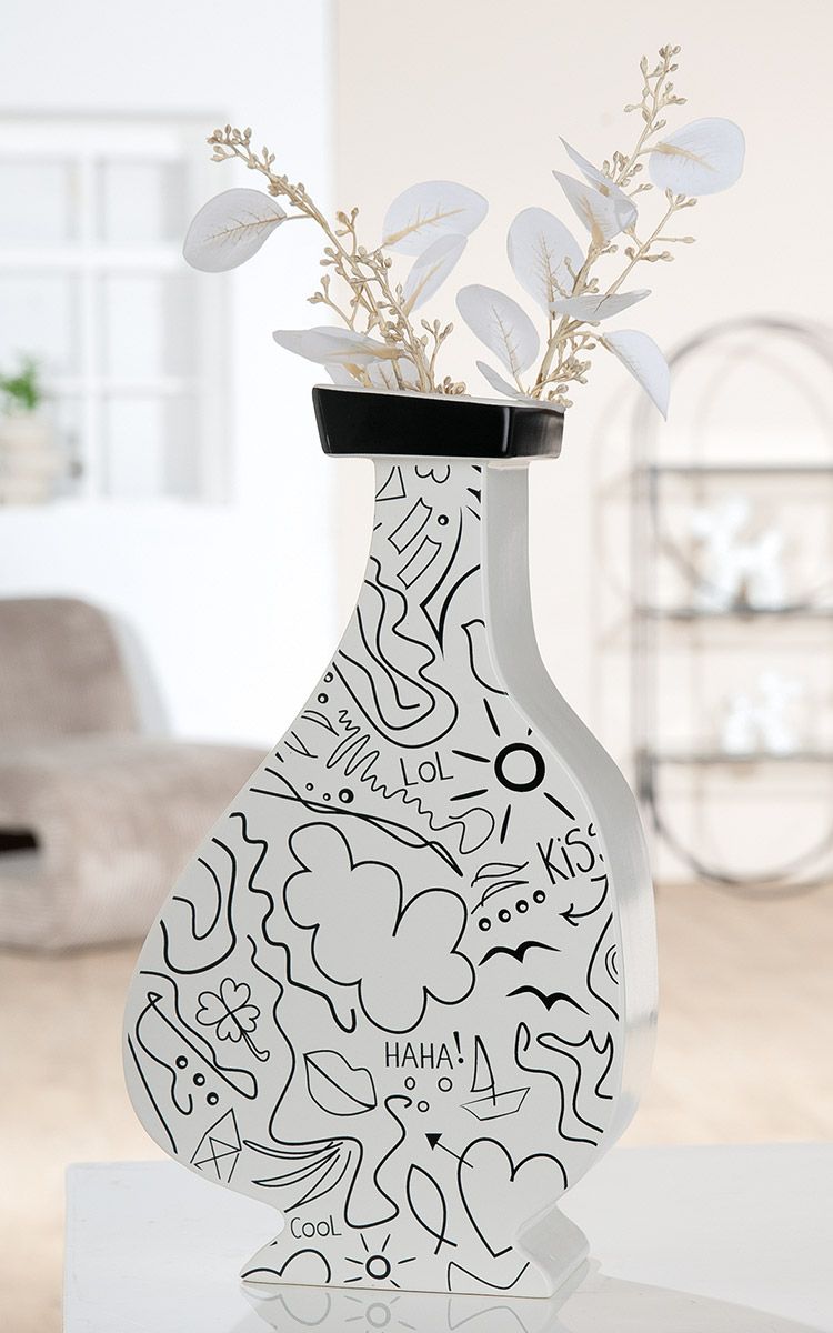 Collar Vase Modern Art with Single Line Design, White, 32.5 cm
