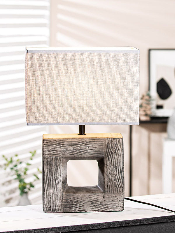 Table lamp "Carré" – Grey ceramic with linen shade in wood look design