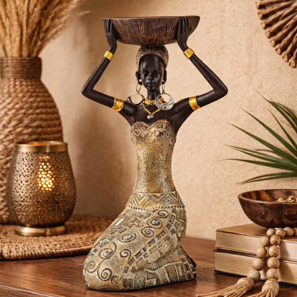 Sculpture Nyala African woman with candle holder gold 22 cm