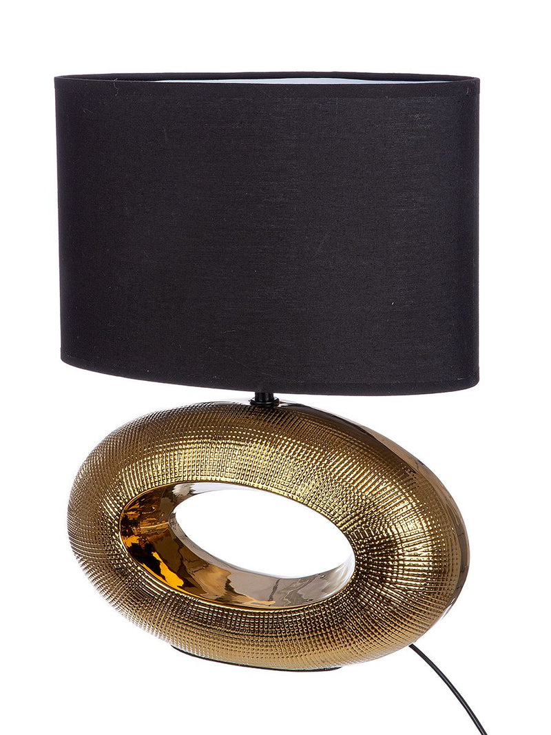Elegante Tischleuchte Konya – Goldene Keramik mit Schwarzem Lampenschirm