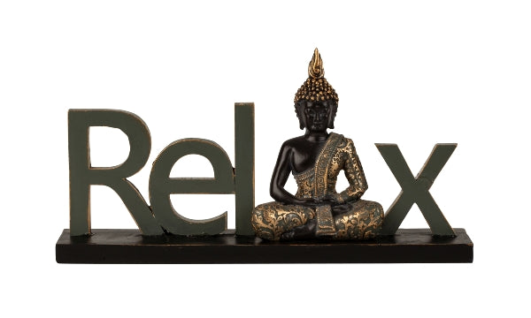 Dekorativer Schriftzug Relax mit Buddha Figur in Schwarz