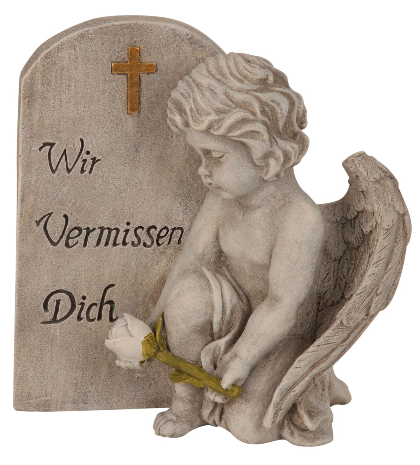 Gedenkfigur Solana Engel mit Spruchstein Wir Vermissen Dich grau 20cm