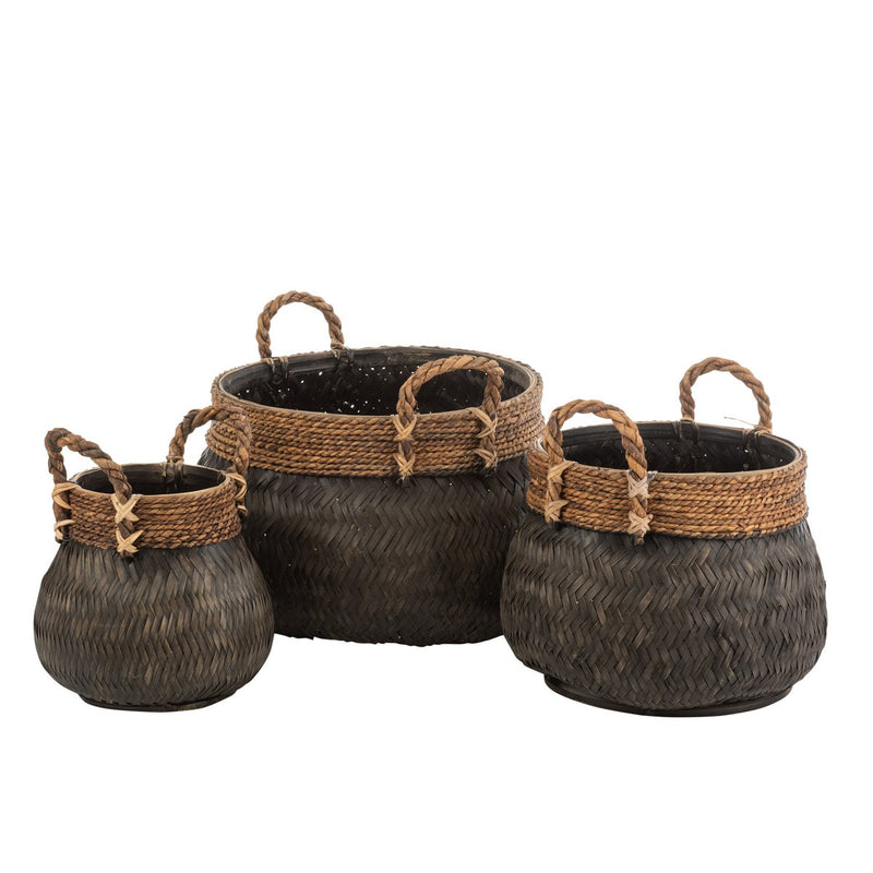 Set of 3 baskets with bamboo handles in black