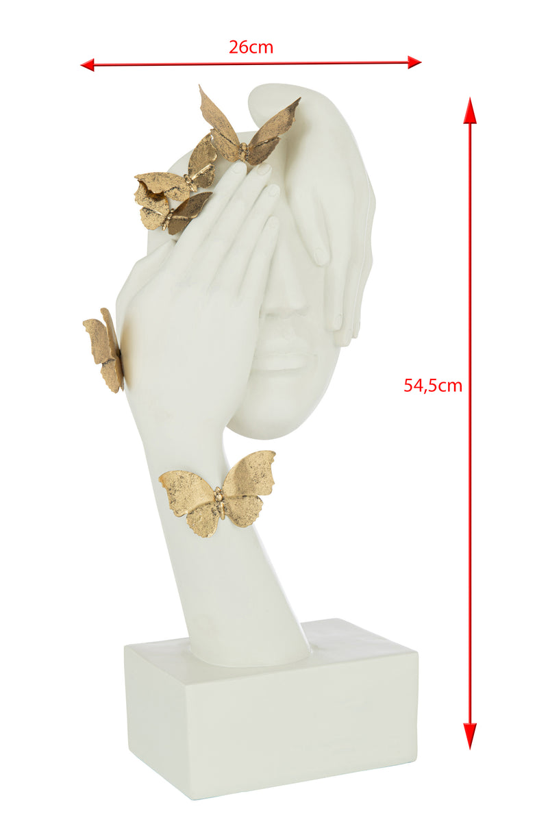 Elegante Schmetterlings Gesichtsskulptur in Gold und Weiß – Symbol für Freiheit und Wandel