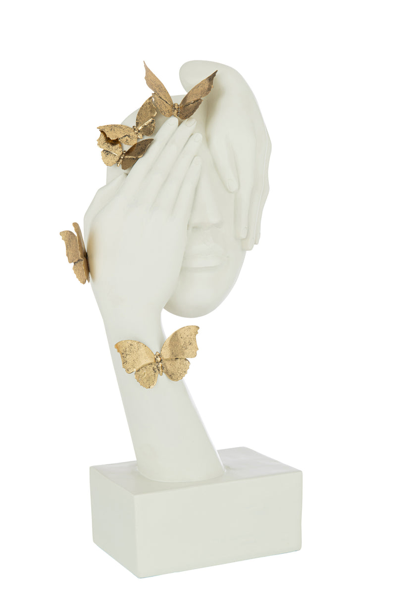 Elegante Schmetterlings Gesichtsskulptur in Gold und Weiß – Symbol für Freiheit und Wandel