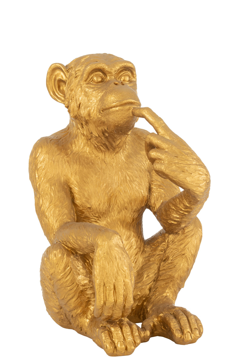 Handgefertigte Polyresin-Skulptur "Denkender Affe" in Goldfarben