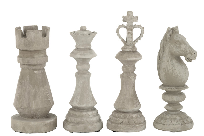 Großes 4-teiliges Schachfiguren-Set aus Polyresin in Grau