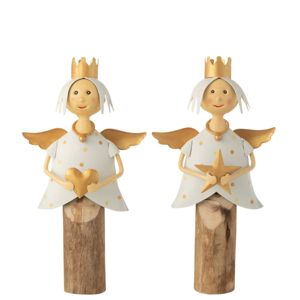 Engel metalen set van 4, wit/goud, met ster &amp; hart, boomstambasis