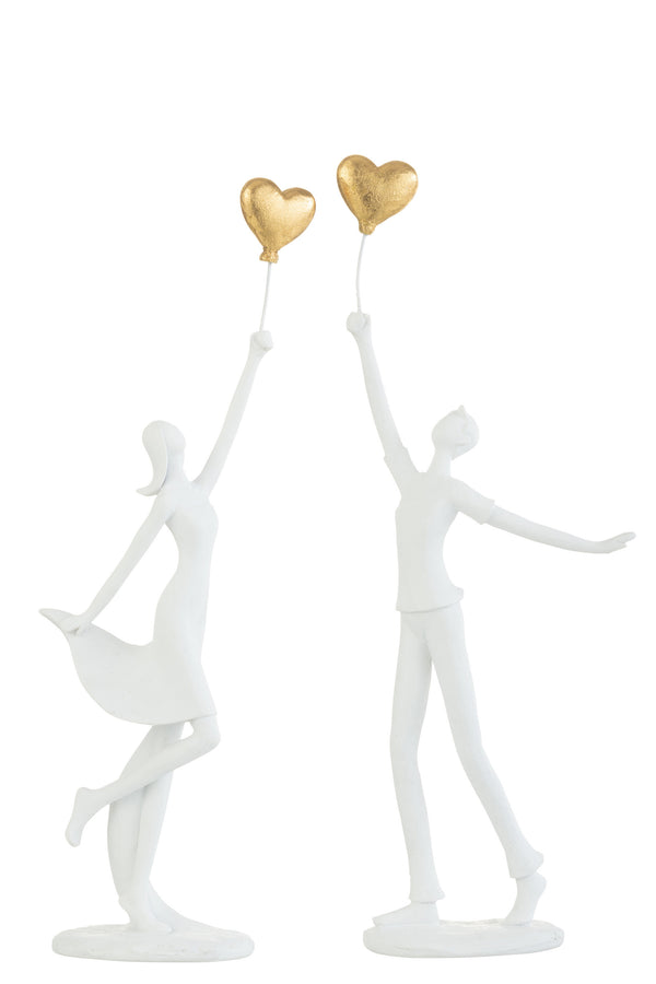 Romantic set of 2 - 'Couple in love' with heart balloon, handmade resin sculptures in white/gold, 33.5 cm