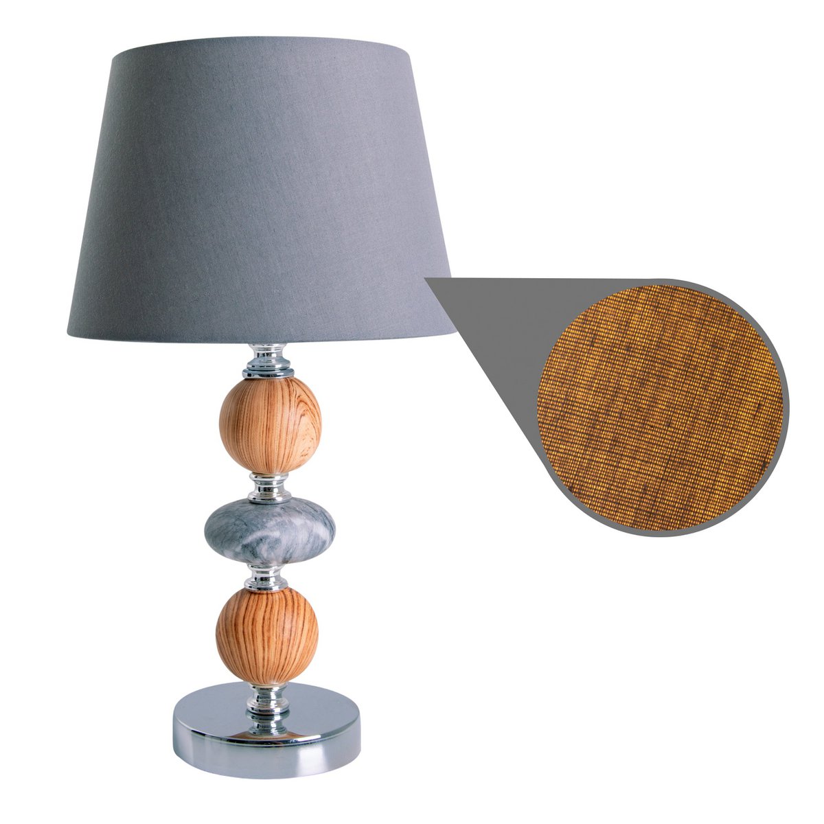Keramik Tischleuchte "ARAGA" 36 cm hoch, Tischlampe aus Metall, Holz und Marmor, mit Textilschirm, grau, mit E14-Fassung, Beleuchtung für Esszimmer, Wohnzimmer, Diele oder Büro