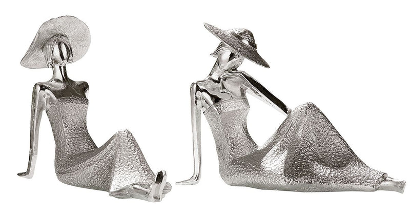 Set of 2 Poly Lady Diva Sitting Lying - Elegant representation in silver colors