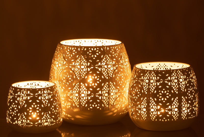 4er Set Orientalische Runde Teelichthalter aus Metall und Glas in Weiß (Large) - Dekoratives Wohnaccessoire, 17x18x18 cm