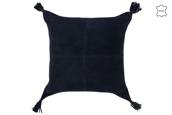 Luxurious set of 2 genuine leather cushions in dark blue with stylish tassels