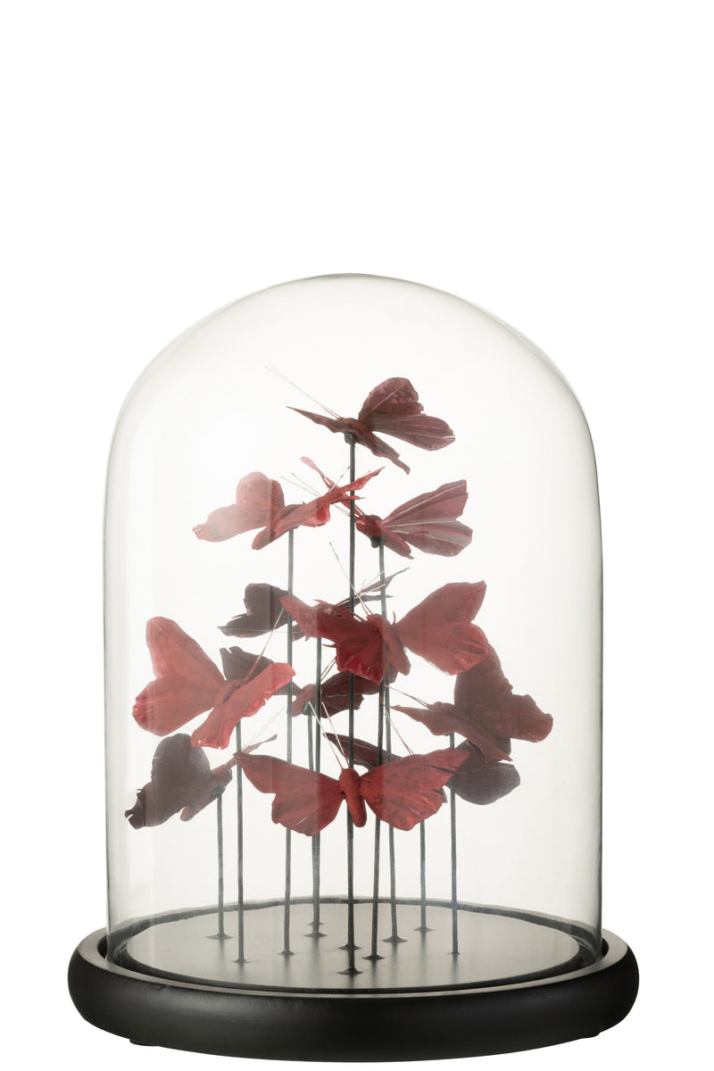 Set of 2 bells with butterflies made of glass in red burgundy