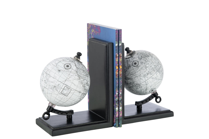 Set of 2 bookends - globe in elegant grey on black wood
