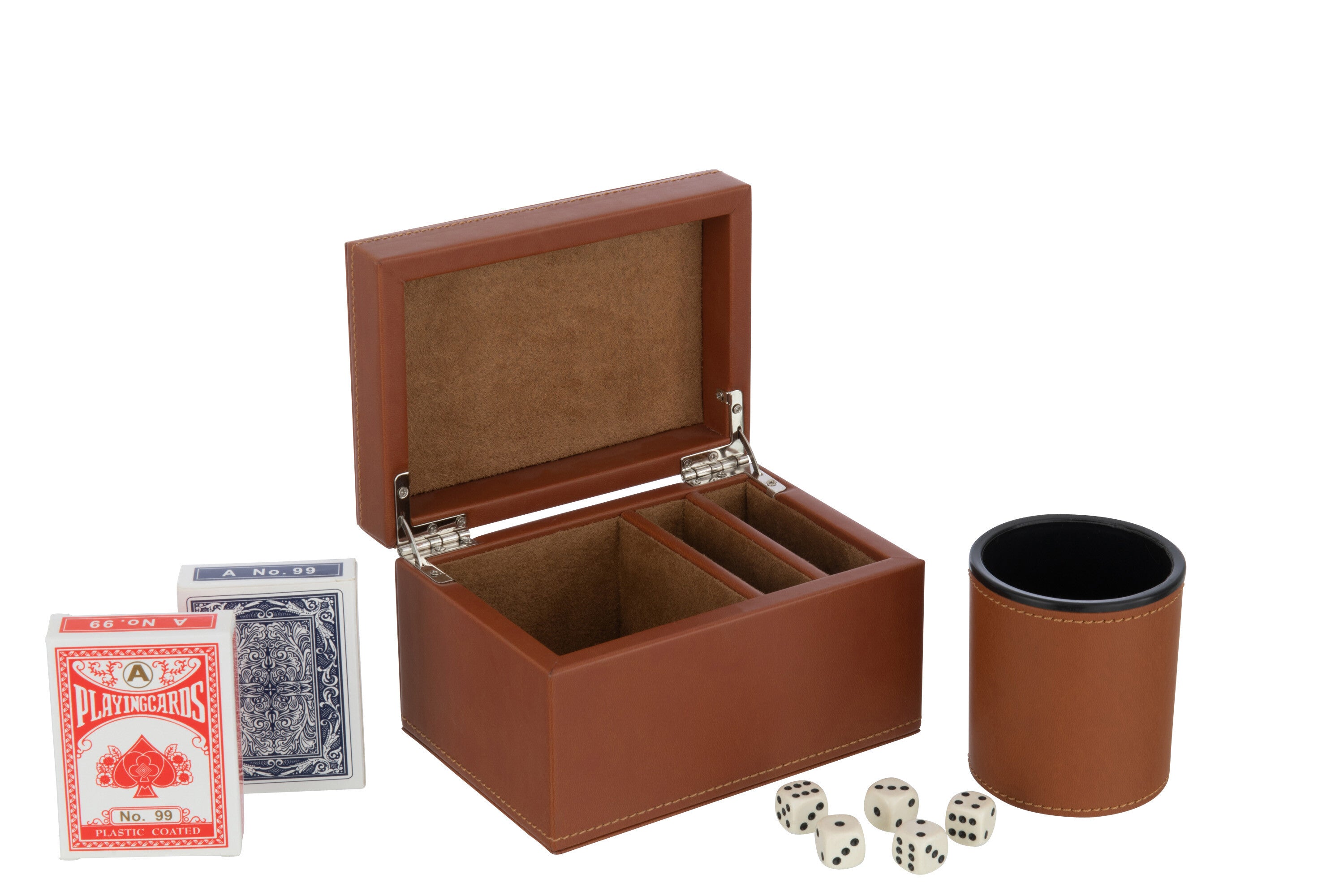 Set of 3 boxes for card games and dice games in elegant brown faux leather