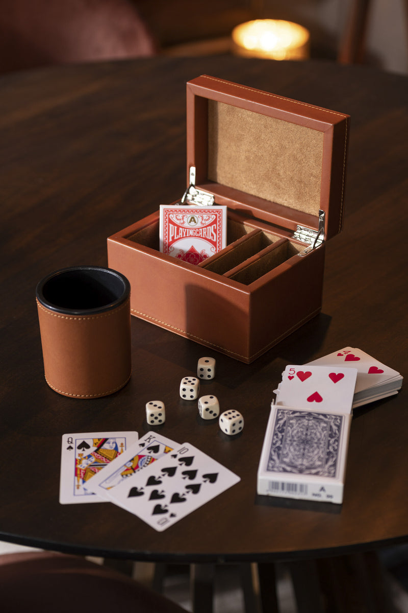 3er Set Dose für Kartenspiel und Würfelspiel in edlem Kunstleder in Braun