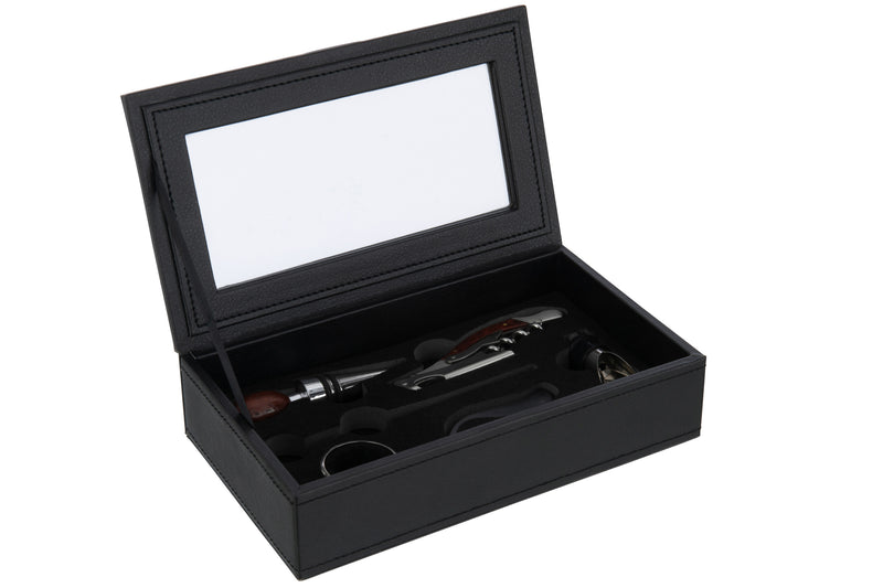 Set van 2 wijnaccessoiresdozen in zwart kunstleer - elegante opbergdoos