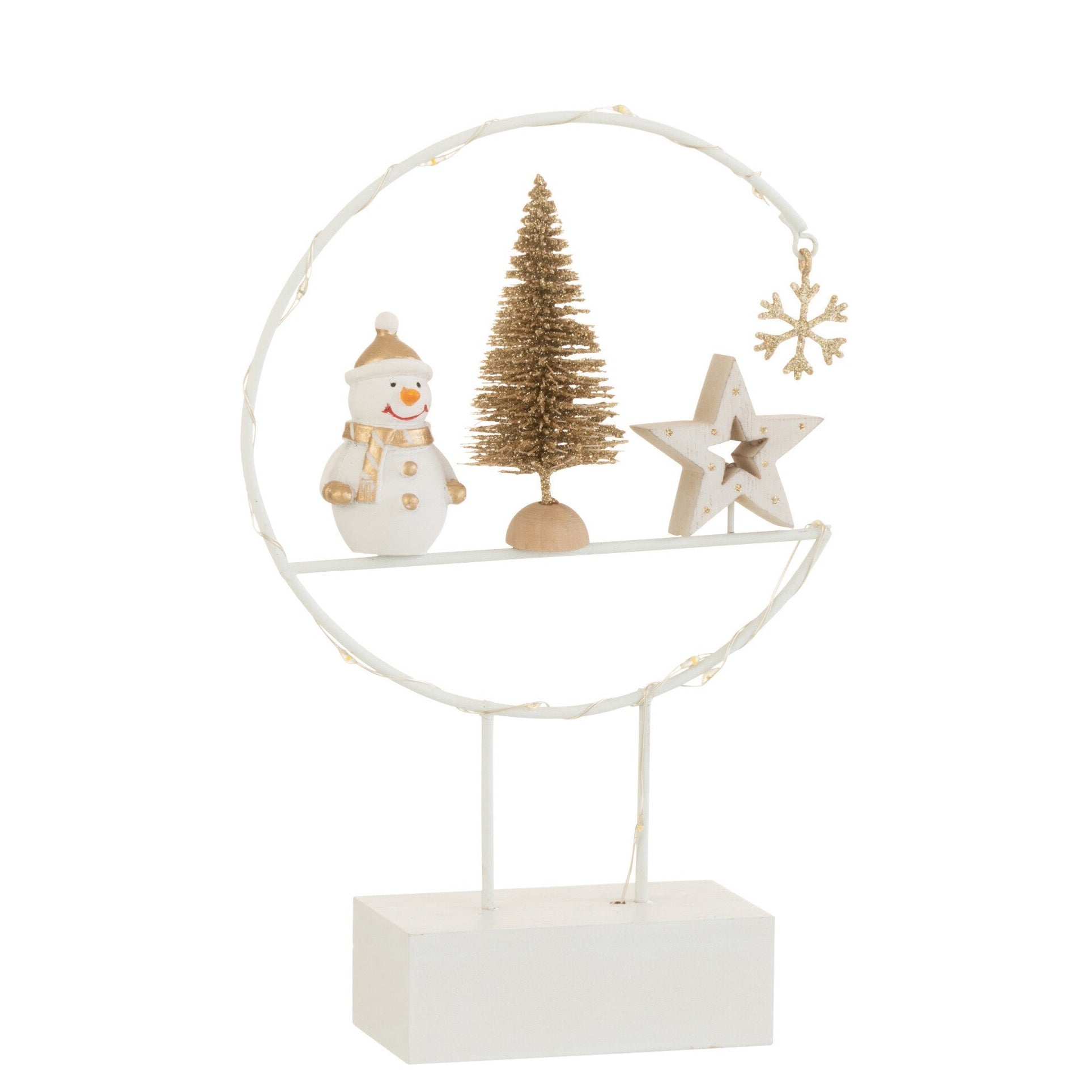 Feestelijke LED-halve cirkel op voet - sneeuwpop, kerstboom en ster in wit/goud