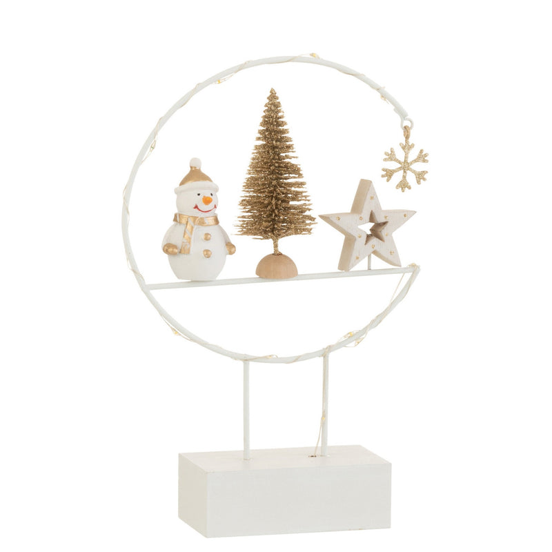 Festlicher LED Halbkreis auf Fuß - Schneemann, Tannenbaum & Stern in Weiß/Gold