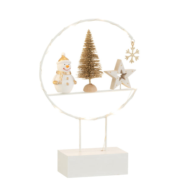 Festive LED semicircle on base - snowman, Christmas tree &amp; star in white/gold