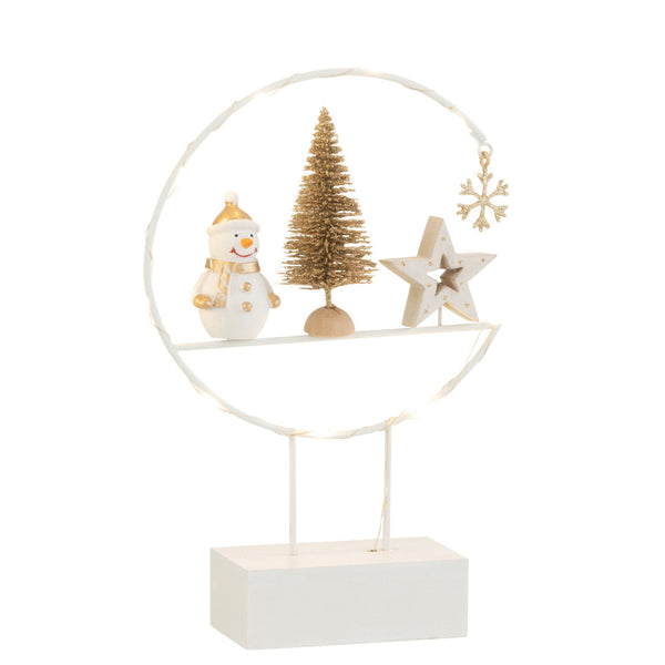 Festlicher LED Halbkreis auf Fuß - Schneemann, Tannenbaum & Stern in Weiß/Gold