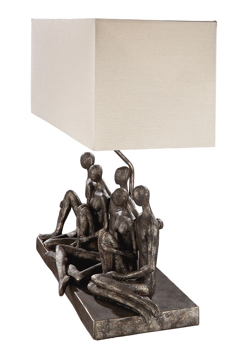 Handmade Table Lamp "Family" - Antique Grey/Gold Tone with Beige Shade
