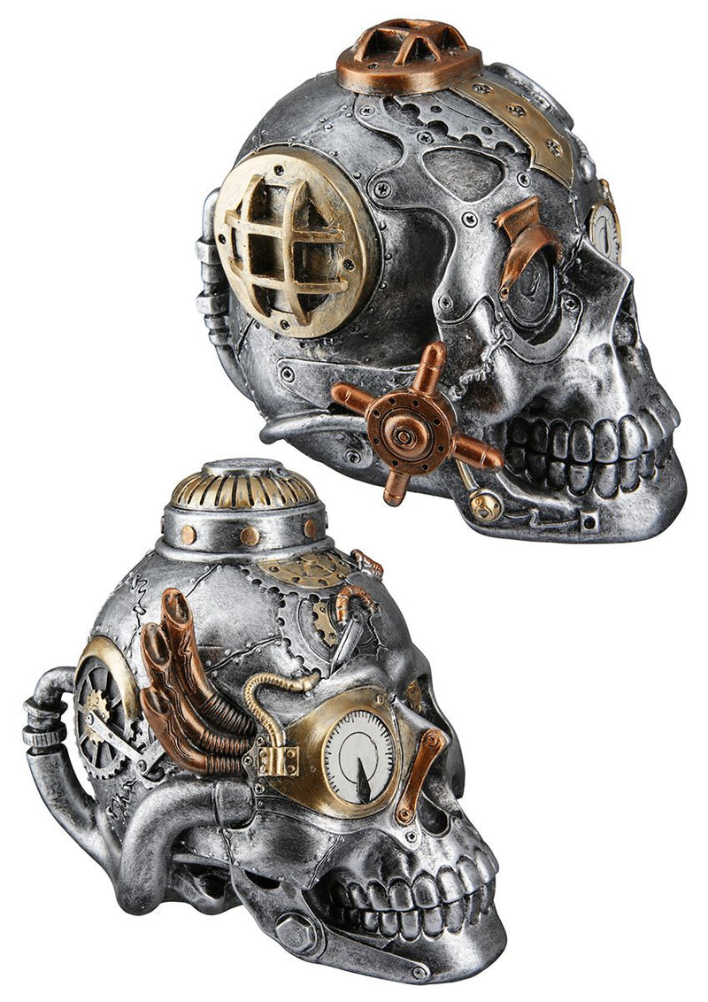 Handmade 2-piece poly sculpture set 'Steampunk Skull' in industrial style