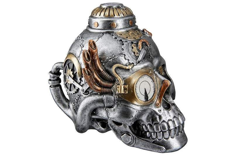 Handmade 2-piece poly sculpture set 'Steampunk Skull' in industrial style