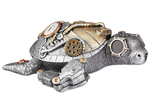 Set van 2 handgemaakte poly sculpturen 'Steampunk Turtle' in retro-futuristische stijl
