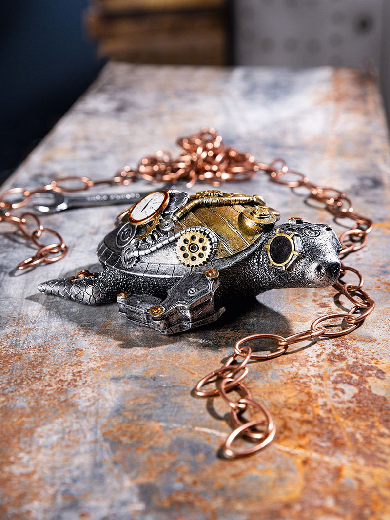 Handgefertigtes 2er Set Poly Skulpturen 'Steampunk Turtle' im Retro-Futuristischen Stil