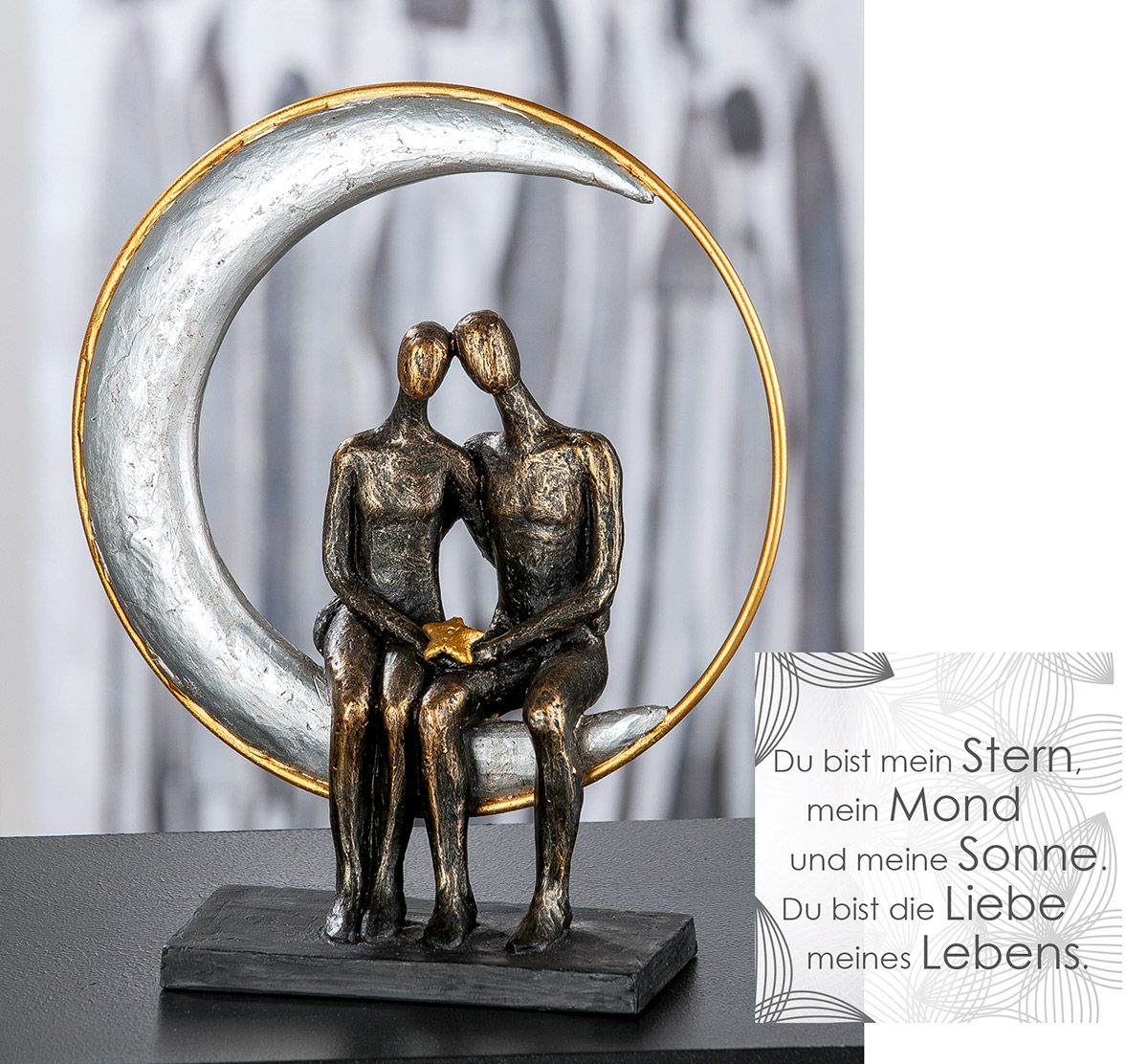 Romantische Poly Skulptur 'Moonlight' in Bronzefarben mit Inspirierender Spruchkarte