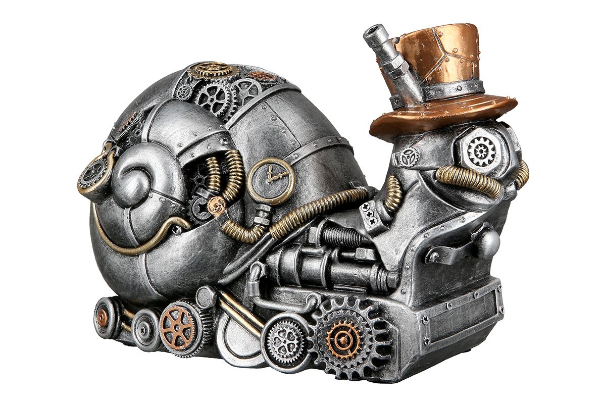 Retro-Futuristisches Duo: 2er-Set 'Steampunk Snail' Poly Skulpturen in Antik Silber und Kupfer