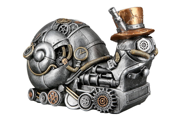 Retro-Futuristisches Duo: 2er-Set 'Steampunk Snail' Poly Skulpturen in Antik Silber und Kupfer