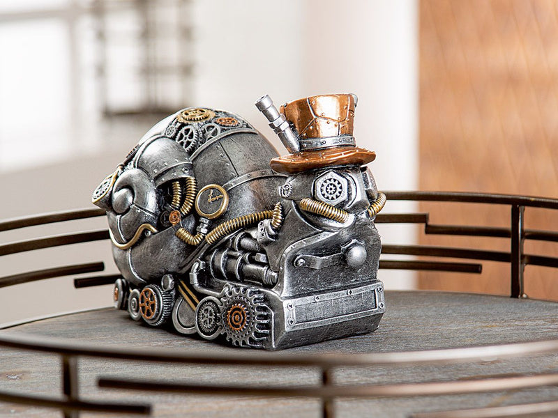 Retro-futuristisch duo: set van 2 polysculpturen 'Steampunk-slak' in antiek zilver en koper