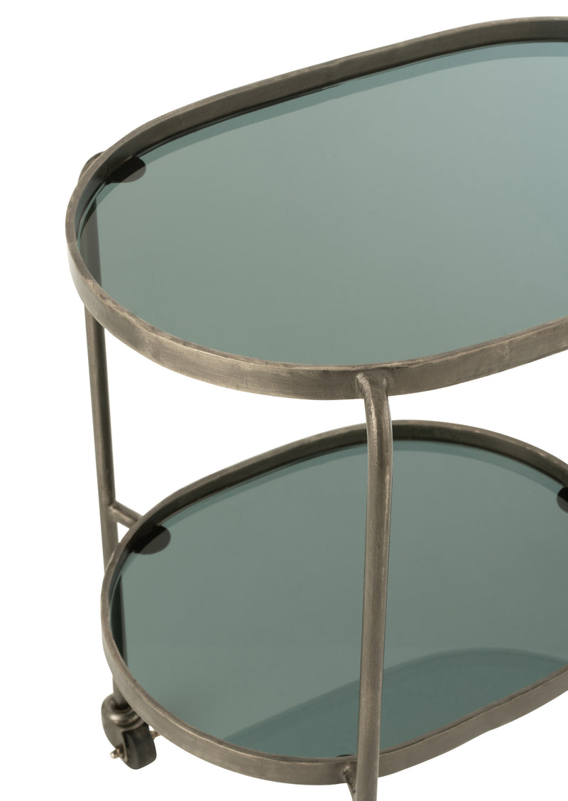 Elegante handgemaakte trolley met twee niveaus - ijzeren structuur met grijze glazen planken