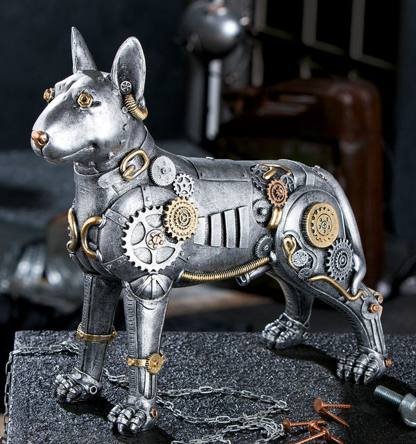 Künstlerische Steampunk Pitbull Skulptur - Antik Silber mit Goldfarbenen Elementen