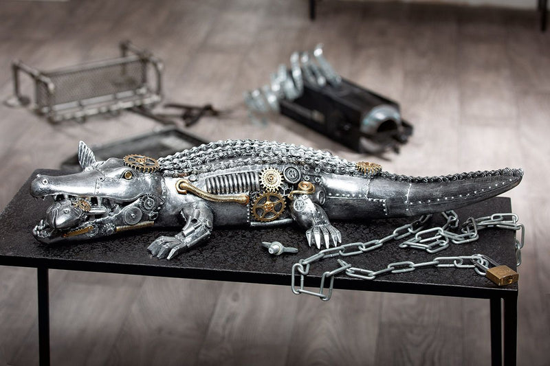 Imposing Steampunk Crocodile Artwork - Antique Silver with Gold Colored Elements