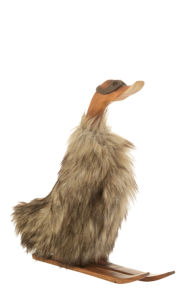 Decorative duck on skis made of wood and fur, brown 39cm