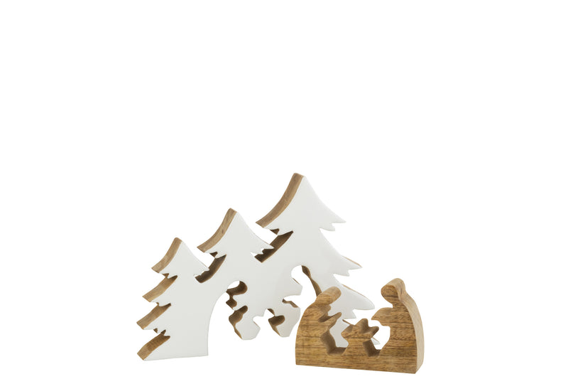 Set van 4 houten puzzel kerststallen met witte boomachtergrond - Natuurlijke charme voor kerstdecoratie