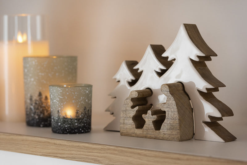 Set van 4 houten puzzel kerststallen met witte boomachtergrond - Natuurlijke charme voor kerstdecoratie