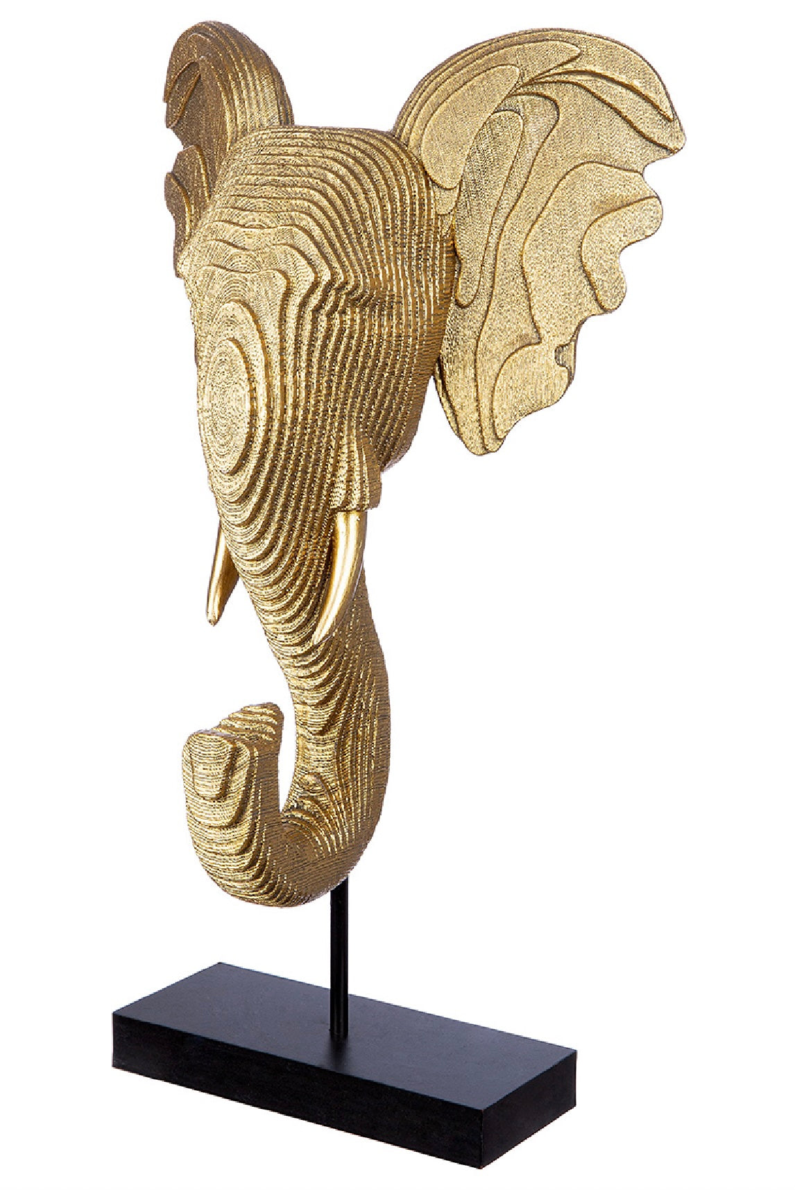 Goldfarbene Elefantenskulptur aus Kunstharz auf schwarzem Sockel