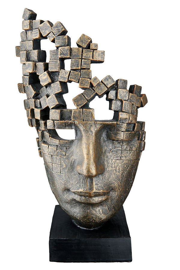 Moderne 'Male Mask' Skulptur mit Würfelgedanken – Kunstharz Skulptur auf Basis