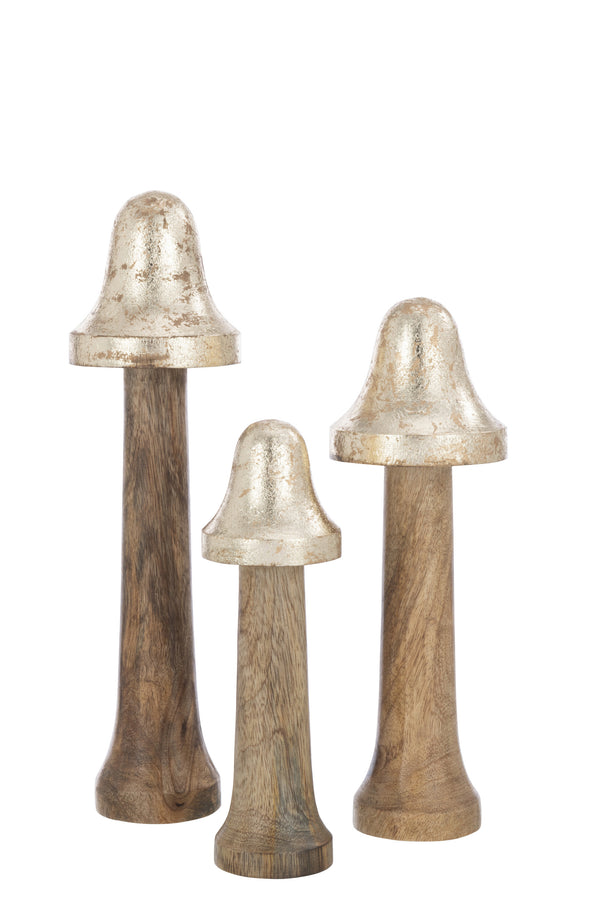 Golden Cap Trio – 9-teiliges Pilz-Dekoset aus naturbelassenem Holz mit goldenen Spitzen